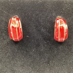 Red Enamel and Gold Tone Pieced Earrings